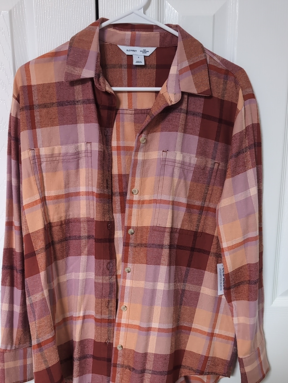 Old Navy Women's Plaid Button-Down Shirt in Rust, Pink and Peach